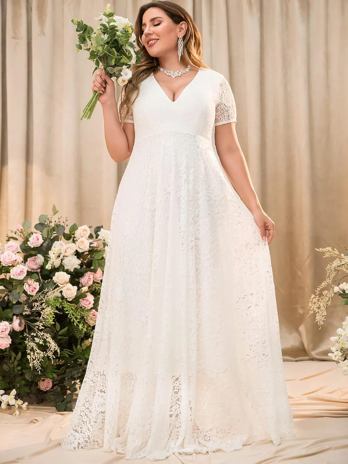 Women Plus Size Floral Lace V-Neck Short Sleeve Long Maxi Dresses