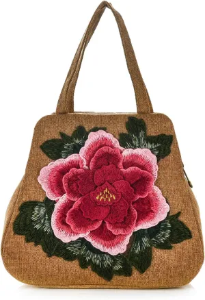 Women Retro 3D Flowers Top-handle Handbag Ladies Boho Embroidered Handmade Double Zip Tote Purse Chinese Ethnic Hobo Bag