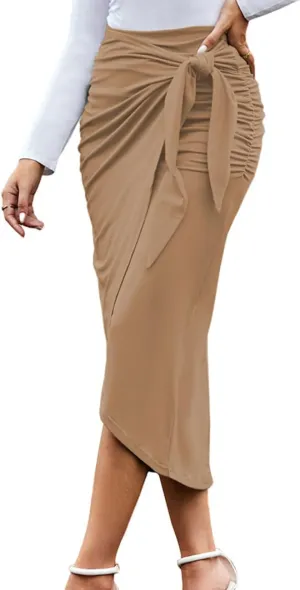 Women Ruched Pencil Skirt High Waist Wrap Tie Front Asymmetrical Long Maxi Skirts Bodycon with Slit