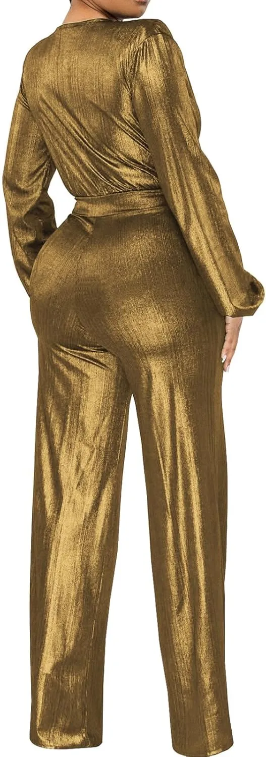 Women Sparkly Dressy Jumpsuit Deep V Neck Long Sleeve Clubwear Plus Size Wide Leg Long Pants Rompers