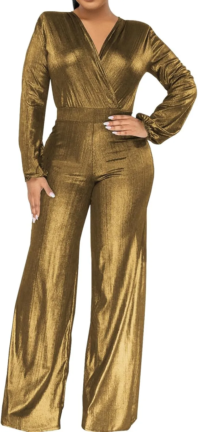 Women Sparkly Dressy Jumpsuit Deep V Neck Long Sleeve Clubwear Plus Size Wide Leg Long Pants Rompers