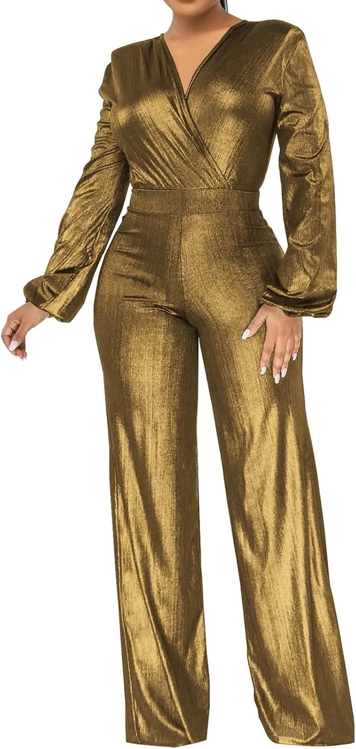 Women Sparkly Dressy Jumpsuit Deep V Neck Long Sleeve Clubwear Plus Size Wide Leg Long Pants Rompers