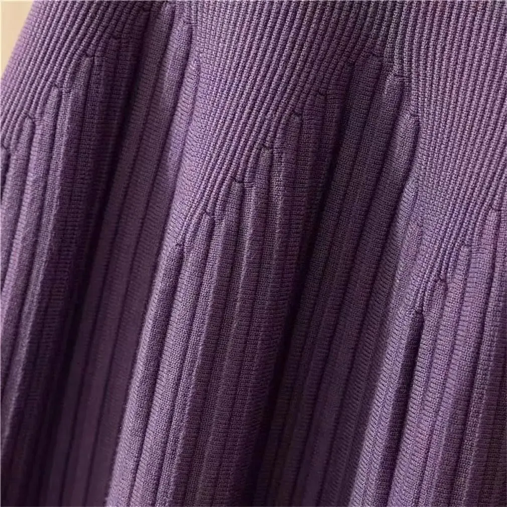 Women Spring Winter Loose A-Line Midi Skirt Casual All-Match Basic Solid Pleated Knitted Skirt