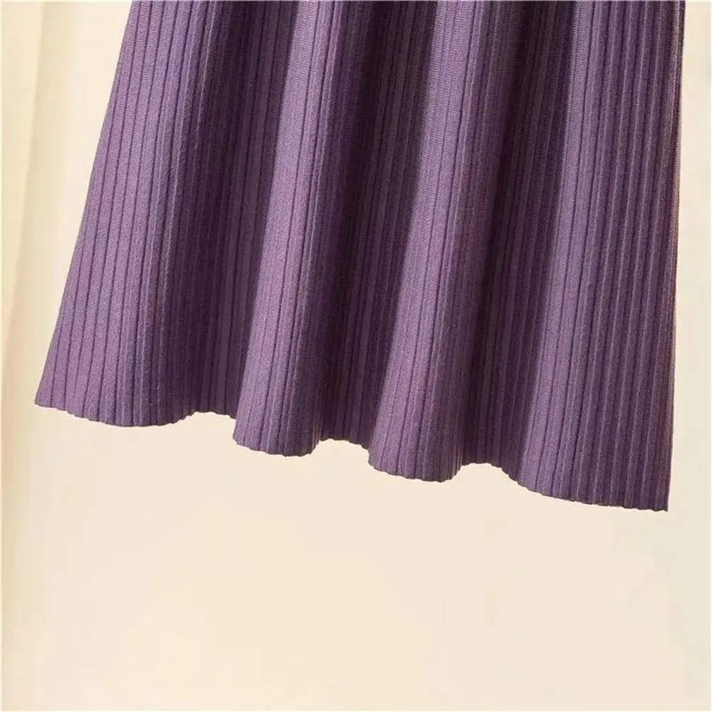 Women Spring Winter Loose A-Line Midi Skirt Casual All-Match Basic Solid Pleated Knitted Skirt