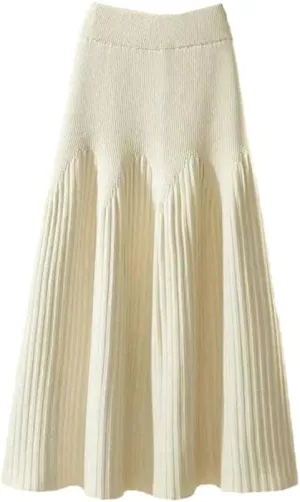 Women Spring Winter Loose A-Line Midi Skirt Casual All-Match Basic Solid Pleated Knitted Skirt