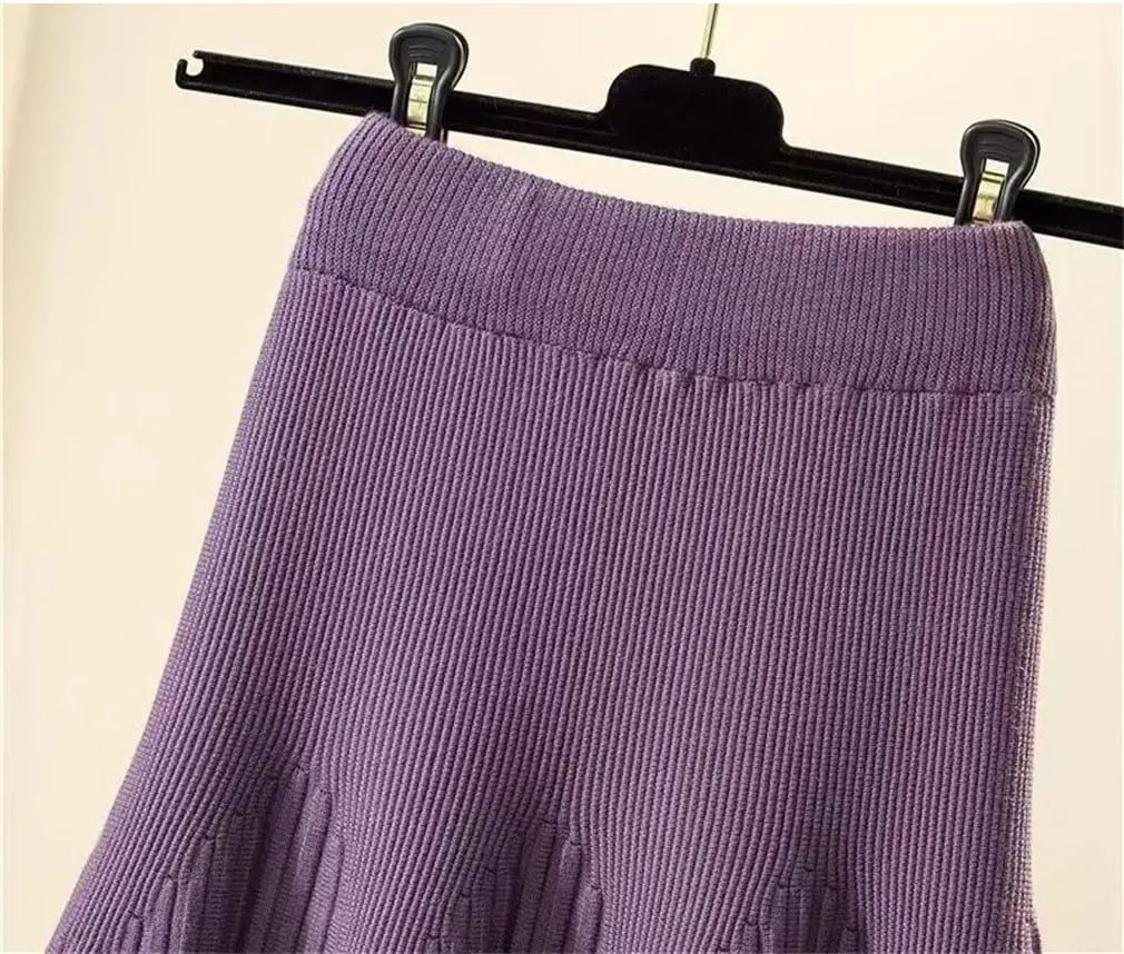 Women Spring Winter Loose A-Line Midi Skirt Casual All-Match Basic Solid Pleated Knitted Skirt