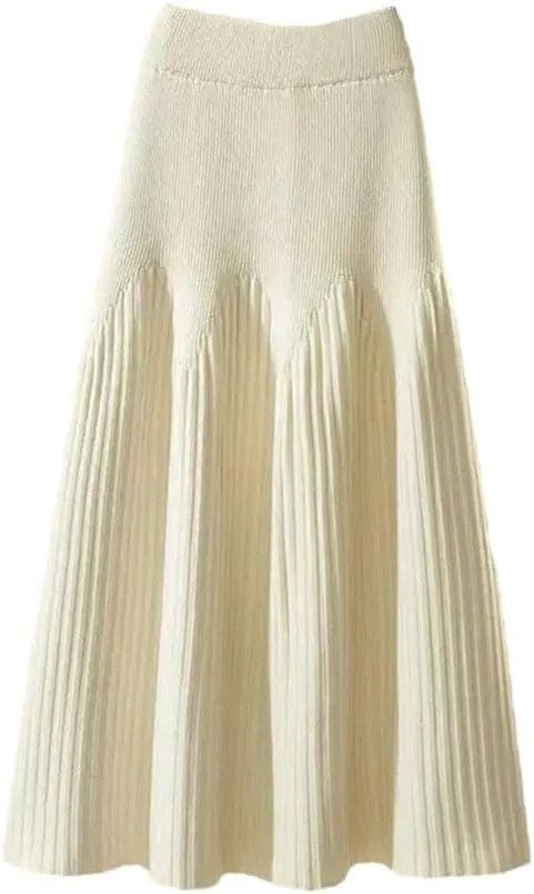 Women Spring Winter Loose A-Line Midi Skirt Casual All-Match Basic Solid Pleated Knitted Skirt