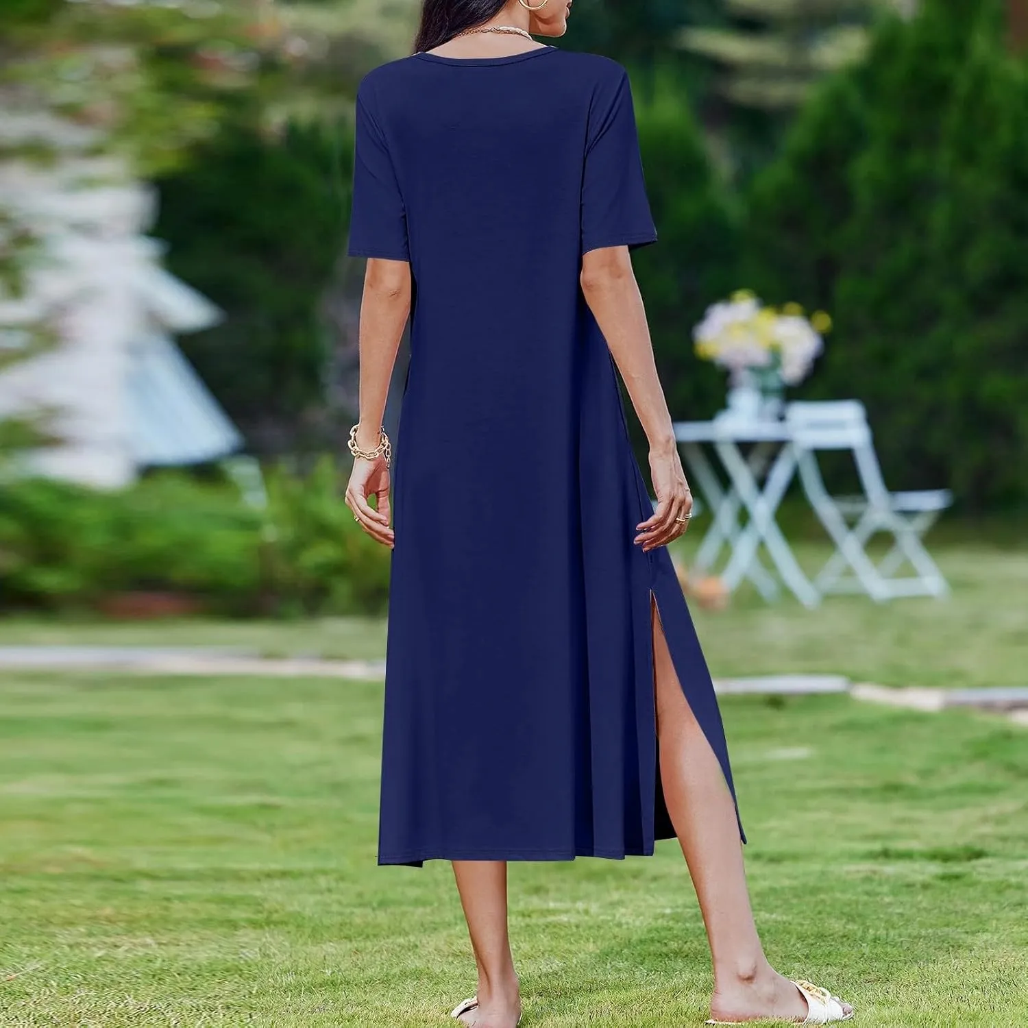 Women Summer Dresses Short Sleeve Round Neck Slit Hem Dress Solid Color Beach Vacation Sundress with Pockets