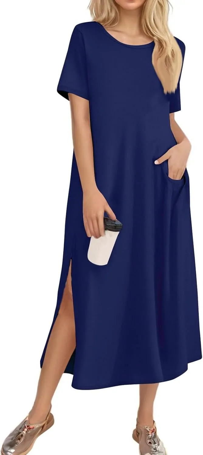 Women Summer Dresses Short Sleeve Round Neck Slit Hem Dress Solid Color Beach Vacation Sundress with Pockets