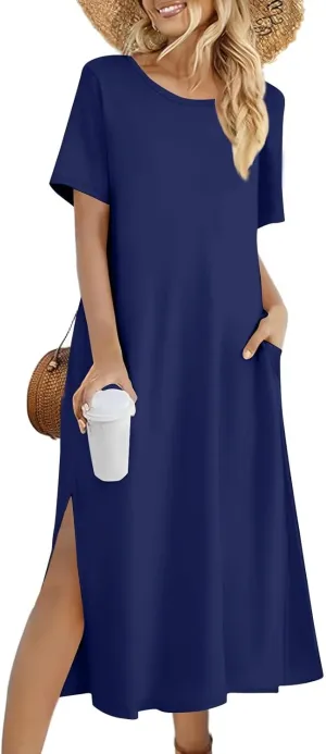 Women Summer Dresses Short Sleeve Round Neck Slit Hem Dress Solid Color Beach Vacation Sundress with Pockets