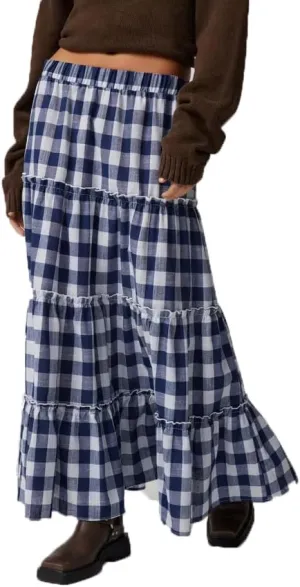 Women Summer Plaid Print Long Skirt Casual Elastic High Waist A Line Maxi Skirt Vintage Flowy Gingham Midi Skirt
