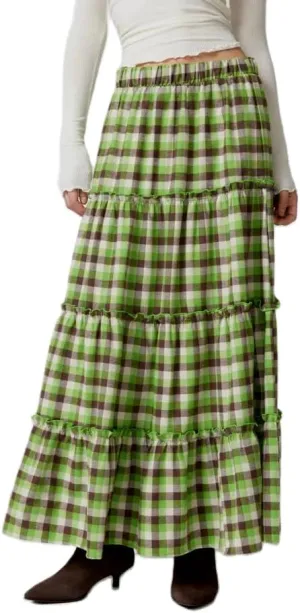 Women Summer Plaid Print Long Skirt Casual Elastic High Waist A Line Maxi Skirt Vintage Flowy Gingham Midi Skirt