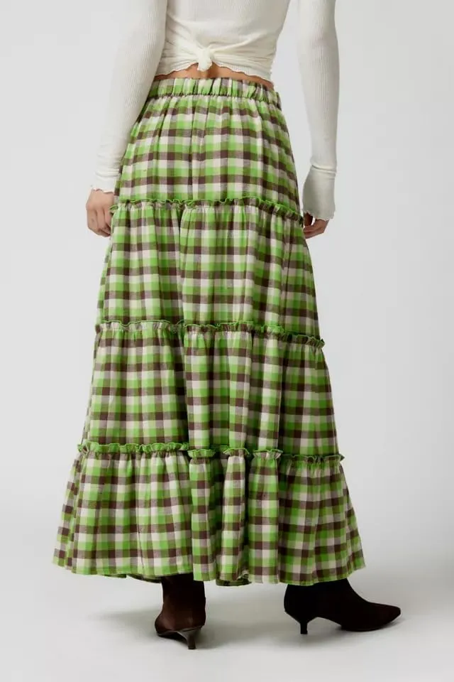Women Summer Plaid Print Long Skirt Casual Elastic High Waist A Line Maxi Skirt Vintage Flowy Gingham Midi Skirt