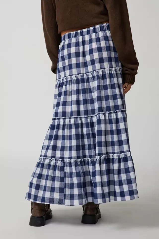 Women Summer Plaid Print Long Skirt Casual Elastic High Waist A Line Maxi Skirt Vintage Flowy Gingham Midi Skirt