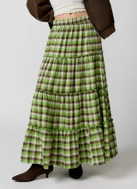 Women Summer Plaid Print Long Skirt Casual Elastic High Waist A Line Maxi Skirt Vintage Flowy Gingham Midi Skirt