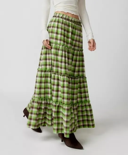 Women Summer Plaid Print Long Skirt Casual Elastic High Waist A Line Maxi Skirt Vintage Flowy Gingham Midi Skirt