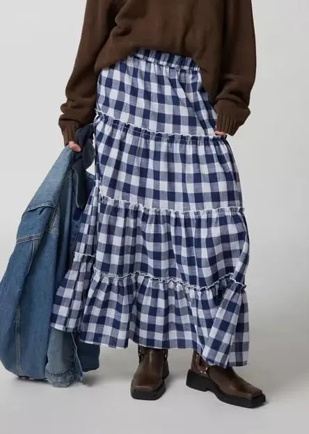 Women Summer Plaid Print Long Skirt Casual Elastic High Waist A Line Maxi Skirt Vintage Flowy Gingham Midi Skirt