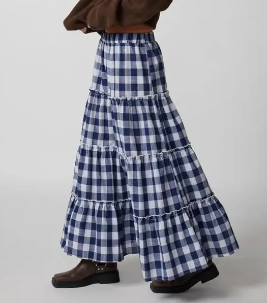 Women Summer Plaid Print Long Skirt Casual Elastic High Waist A Line Maxi Skirt Vintage Flowy Gingham Midi Skirt