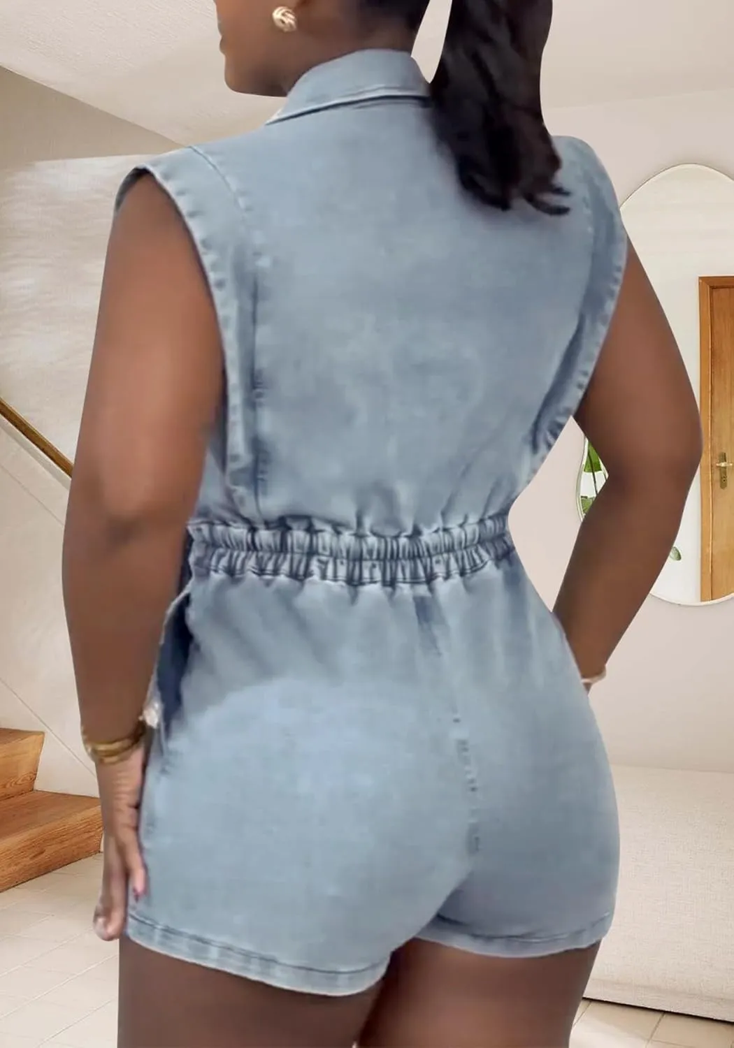Women Summer Sleeveless Denim Romper Casual V Neck Bodycon Short Jumpsuits Cut Out One Piece Outfits