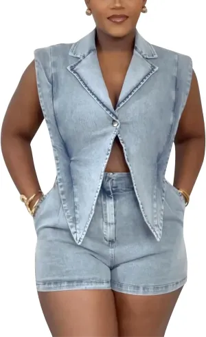 Women Summer Sleeveless Denim Romper Casual V Neck Bodycon Short Jumpsuits Cut Out One Piece Outfits
