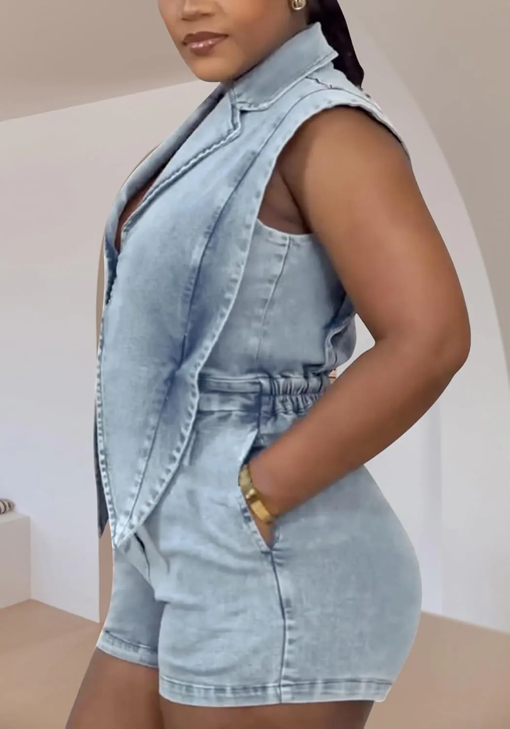Women Summer Sleeveless Denim Romper Casual V Neck Bodycon Short Jumpsuits Cut Out One Piece Outfits