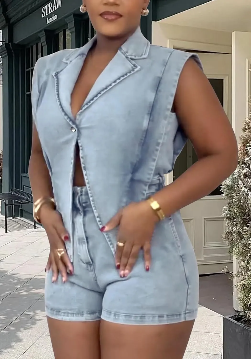 Women Summer Sleeveless Denim Romper Casual V Neck Bodycon Short Jumpsuits Cut Out One Piece Outfits