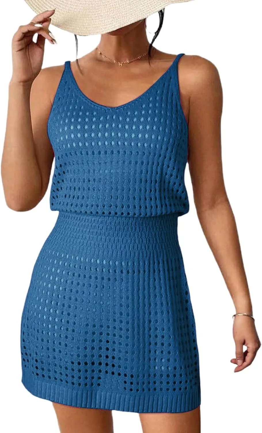 Women Swimsuit Cover Up Summer Crochet Hollow Out Knit Beach Dress Vacation Mini Dress Bikini Beachwear
