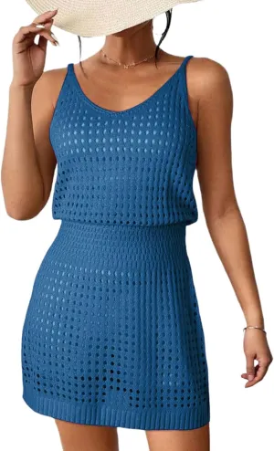 Women Swimsuit Cover Up Summer Crochet Hollow Out Knit Beach Dress Vacation Mini Dress Bikini Beachwear
