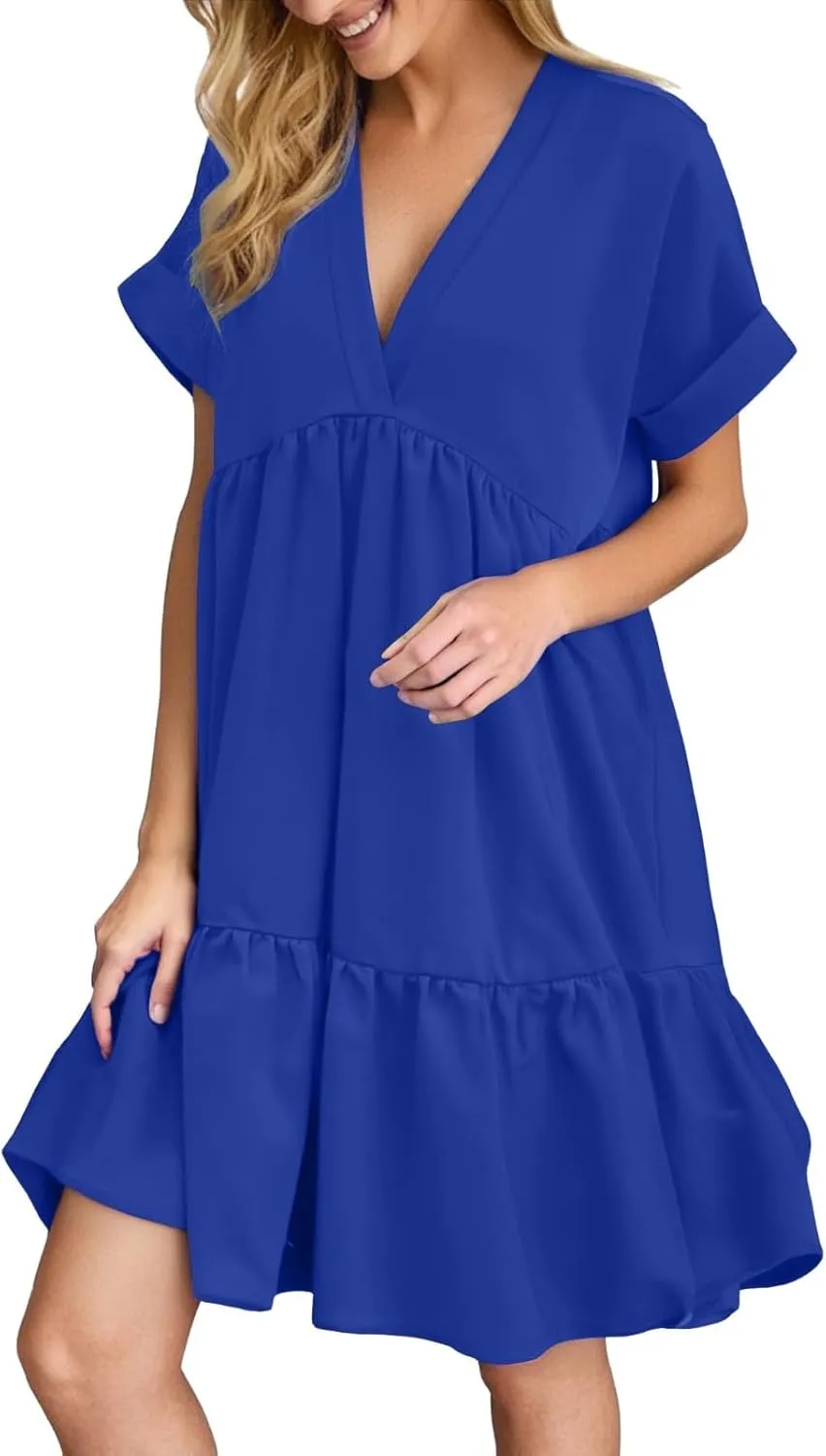 Women V Neck Babydoll Dresses 2025 Summer Short Rolled Sleeve Ruffle Swing Shift Flowy Loose Casual Summer Mini Dress