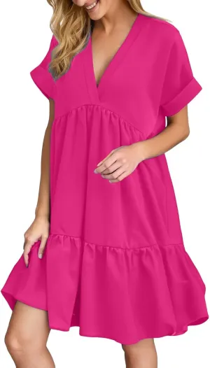 Women V Neck Babydoll Dresses 2025 Summer Short Rolled Sleeve Ruffle Swing Shift Flowy Loose Casual Summer Mini Dress