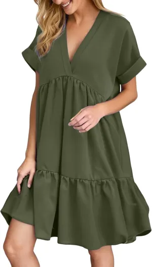 Women V Neck Babydoll Dresses 2025 Summer Short Rolled Sleeve Ruffle Swing Shift Flowy Loose Casual Summer Mini Dress