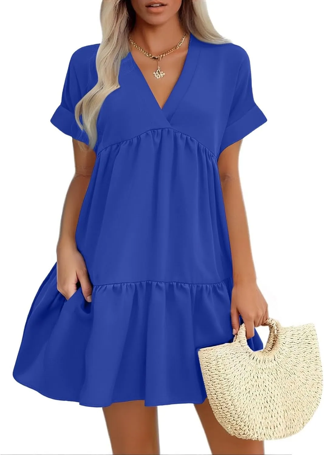 Women V Neck Babydoll Dresses 2025 Summer Short Rolled Sleeve Ruffle Swing Shift Flowy Loose Casual Summer Mini Dress