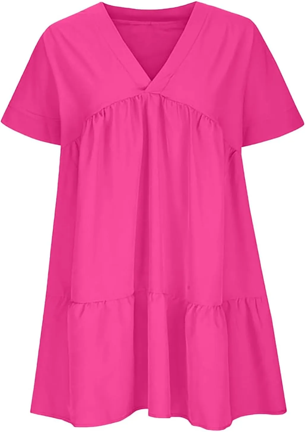 Women V Neck Babydoll Dresses 2025 Summer Short Rolled Sleeve Ruffle Swing Shift Flowy Loose Casual Summer Mini Dress