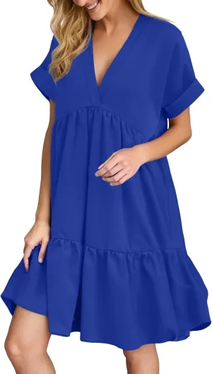 Women V Neck Babydoll Dresses 2025 Summer Short Rolled Sleeve Ruffle Swing Shift Flowy Loose Casual Summer Mini Dress