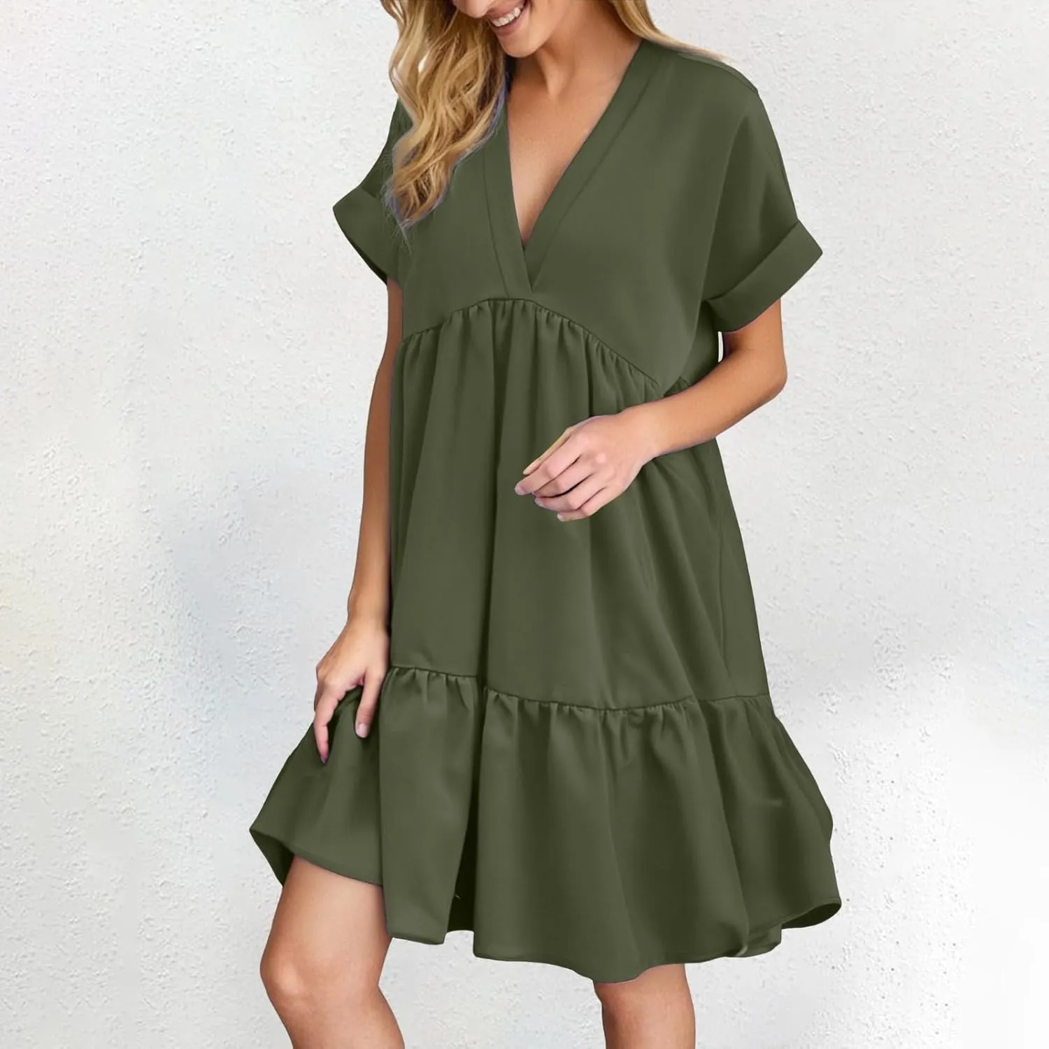 Women V Neck Babydoll Dresses 2025 Summer Short Rolled Sleeve Ruffle Swing Shift Flowy Loose Casual Summer Mini Dress