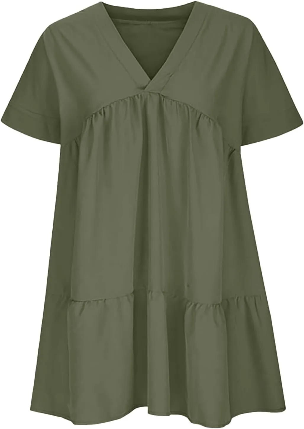 Women V Neck Babydoll Dresses 2025 Summer Short Rolled Sleeve Ruffle Swing Shift Flowy Loose Casual Summer Mini Dress