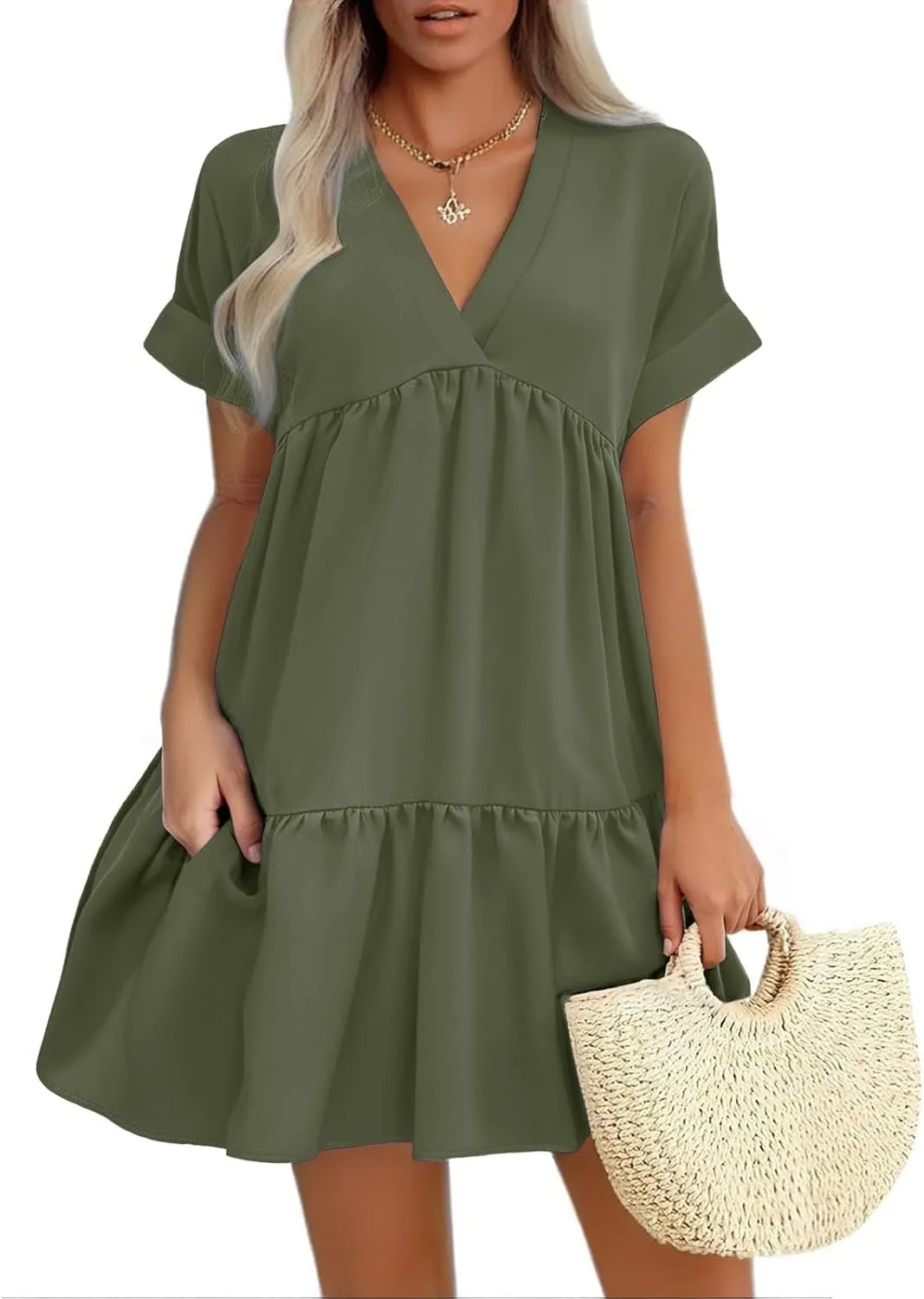 Women V Neck Babydoll Dresses 2025 Summer Short Rolled Sleeve Ruffle Swing Shift Flowy Loose Casual Summer Mini Dress