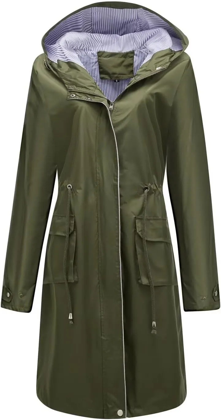 Women Waterproof Lightweight Long Rain Jacket Outdoor Casual Hooded Long Trench Coat
