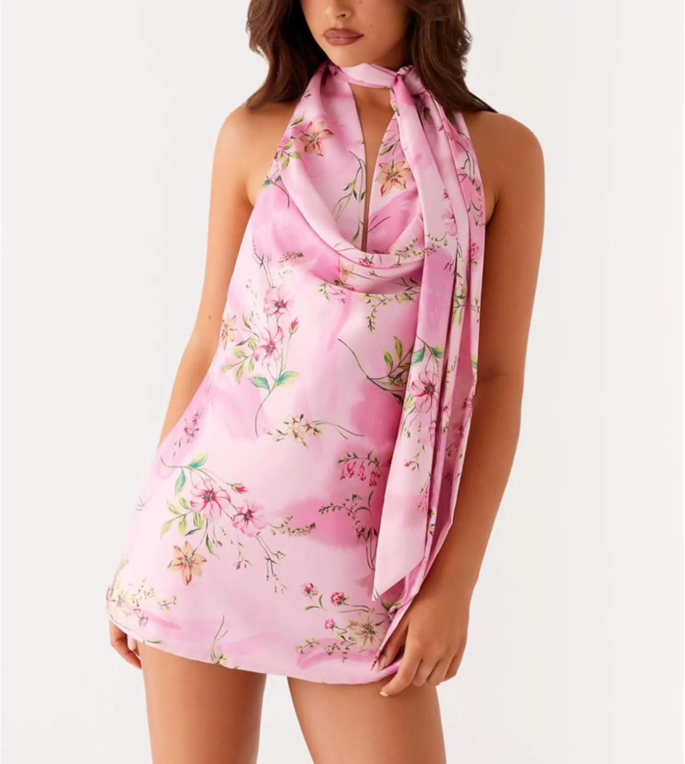 Women Y2k Silk Satin Floral Halter Neck Scarf Mini Dress Sexy Deep V Neck Open Back Cowl Beach Formal Short Dresses
