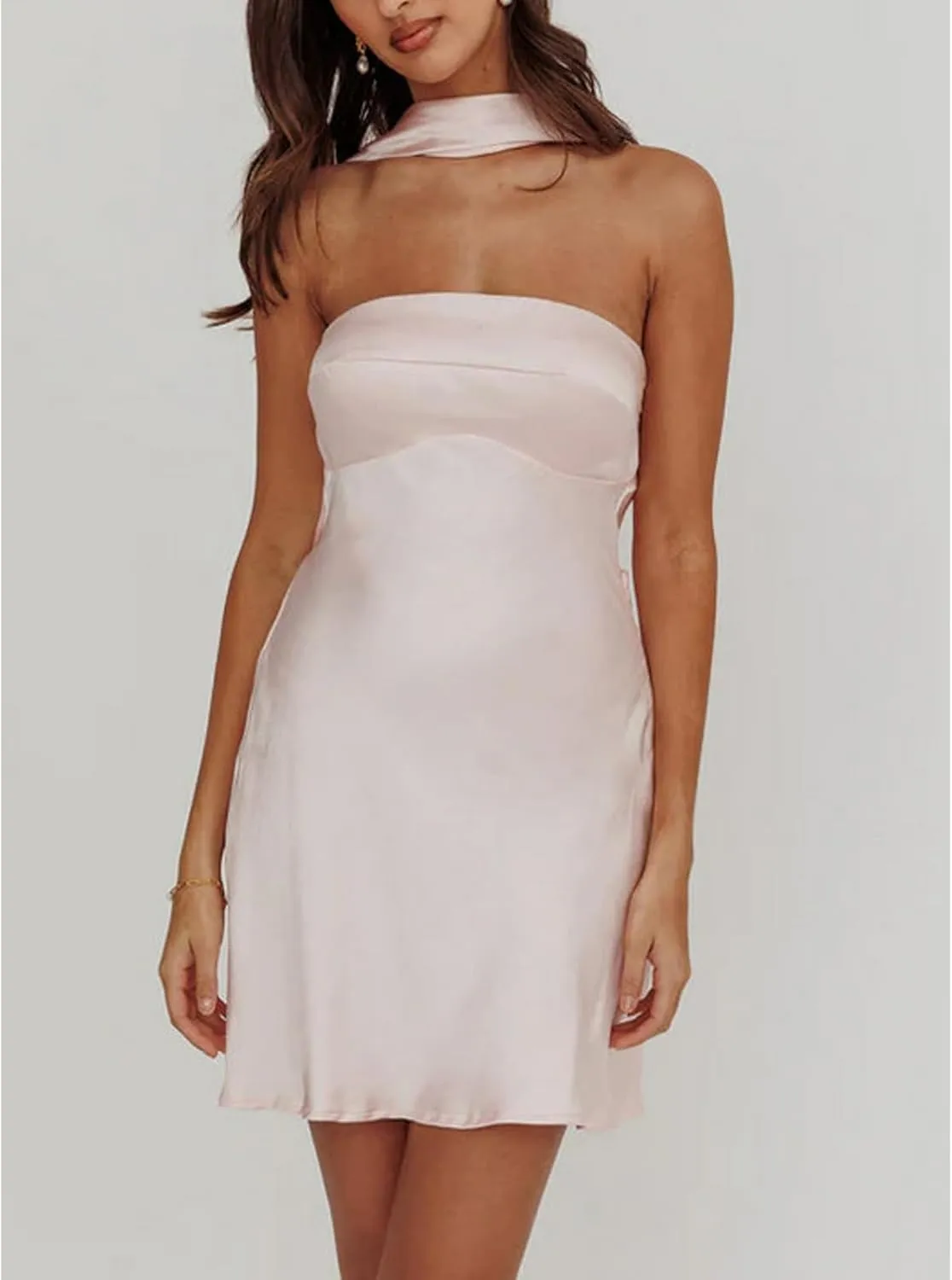 Women Y2k Silk Satin Floral Halter Neck Scarf Mini Dress Sexy Deep V Neck Open Back Cowl Beach Formal Short Dresses