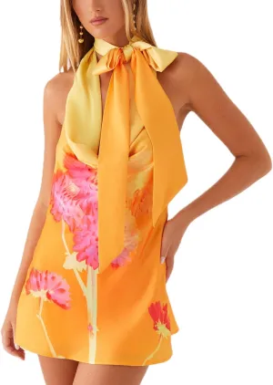 Women Y2k Silk Satin Floral Halter Neck Scarf Mini Dress Sexy Deep V Neck Open Back Cowl Beach Formal Short Dresses
