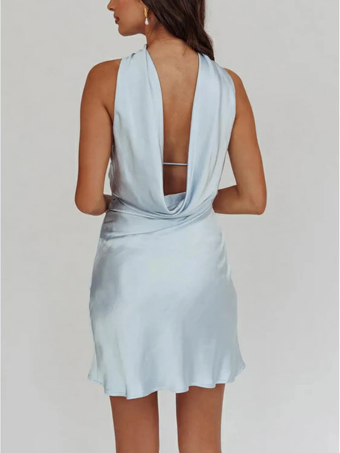 Women Y2k Silk Satin Floral Halter Neck Scarf Mini Dress Sexy Deep V Neck Open Back Cowl Beach Formal Short Dresses