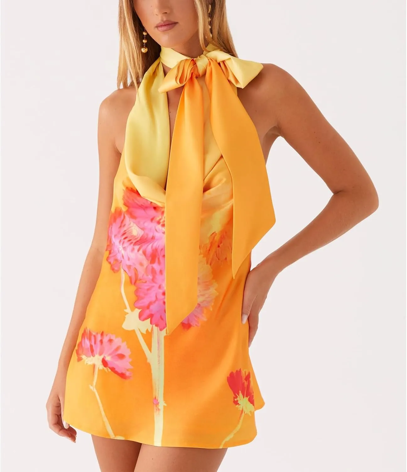 Women Y2k Silk Satin Floral Halter Neck Scarf Mini Dress Sexy Deep V Neck Open Back Cowl Beach Formal Short Dresses