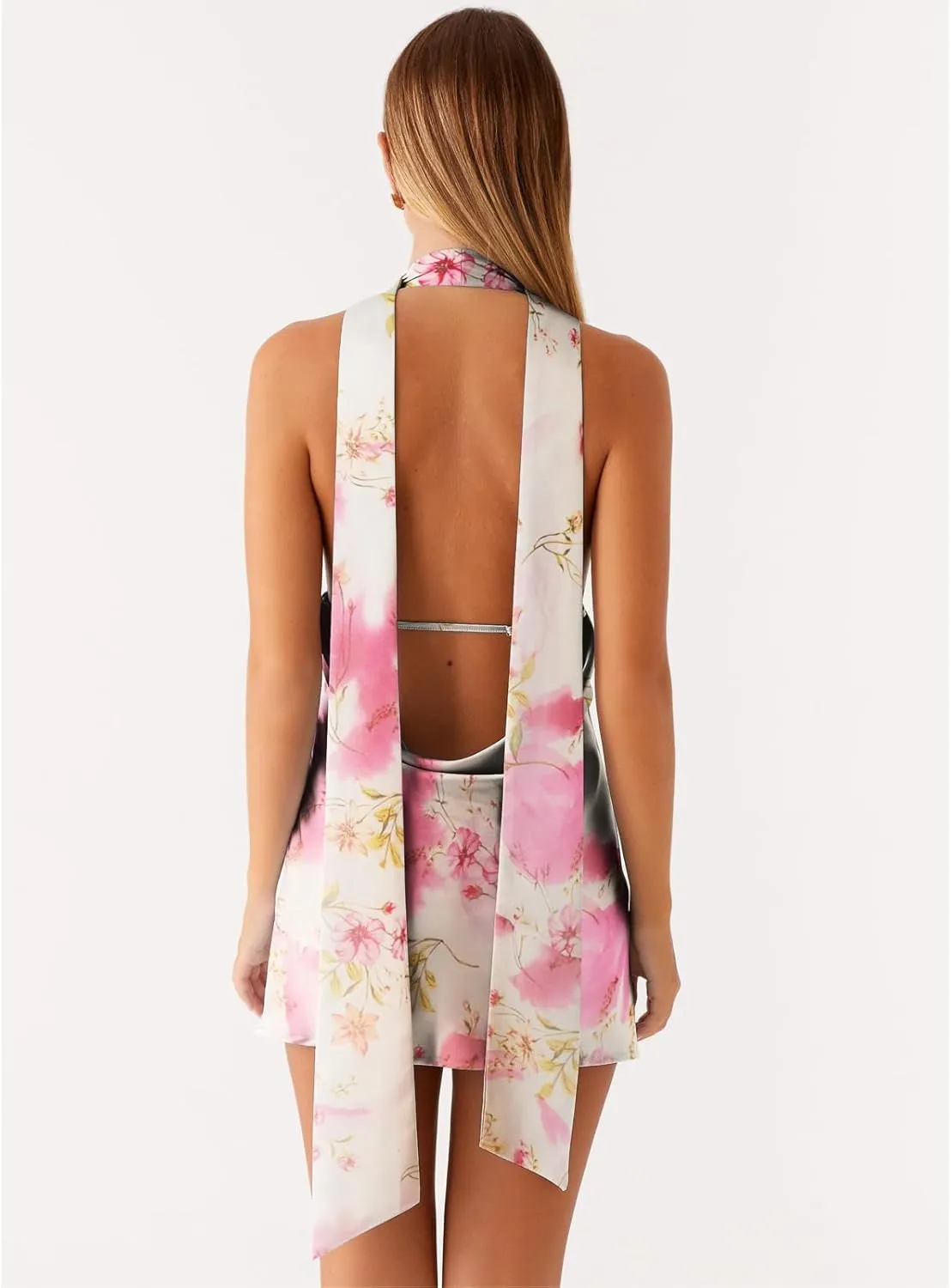 Women Y2k Silk Satin Floral Halter Neck Scarf Mini Dress Sexy Deep V Neck Open Back Cowl Beach Formal Short Dresses