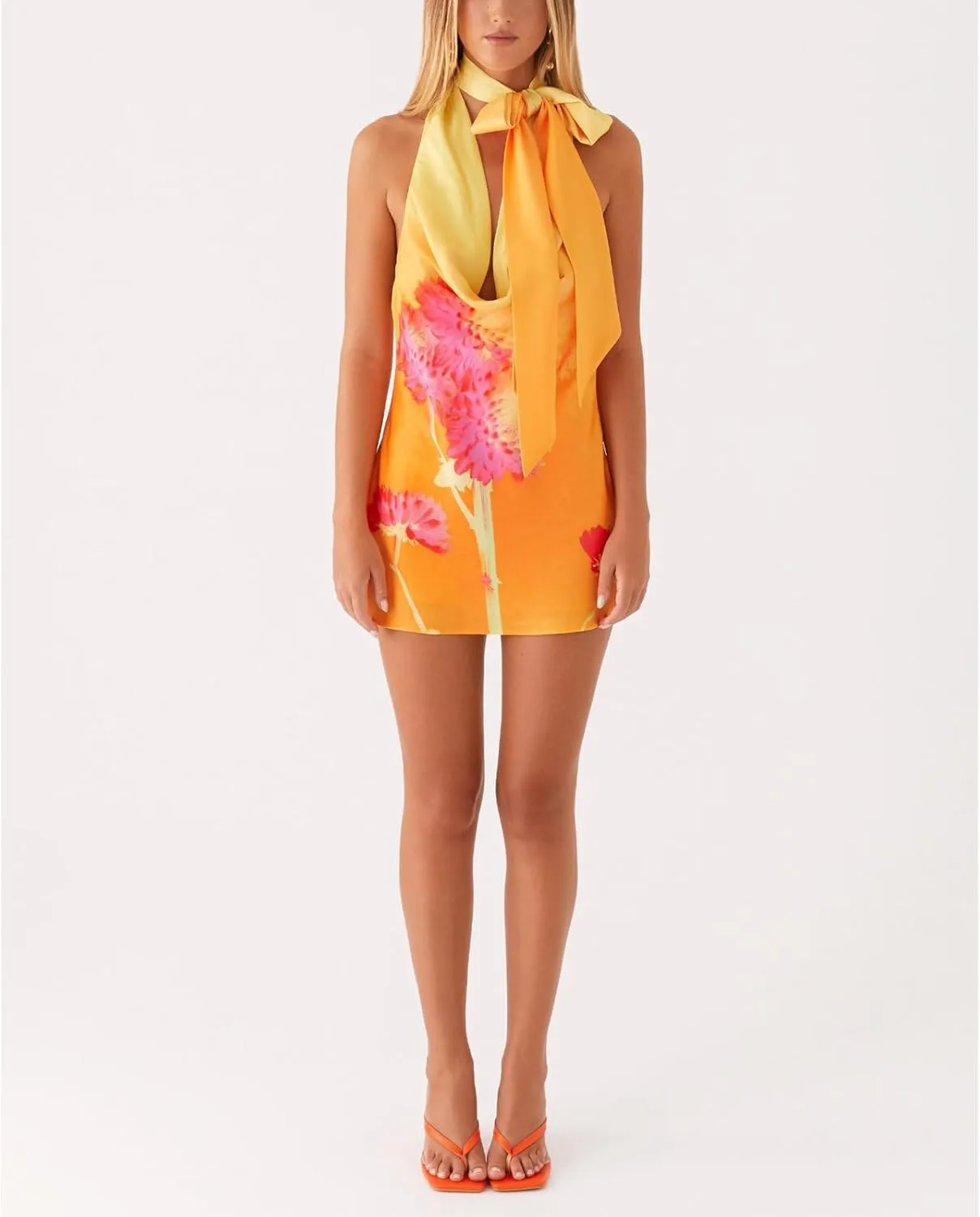 Women Y2k Silk Satin Floral Halter Neck Scarf Mini Dress Sexy Deep V Neck Open Back Cowl Beach Formal Short Dresses