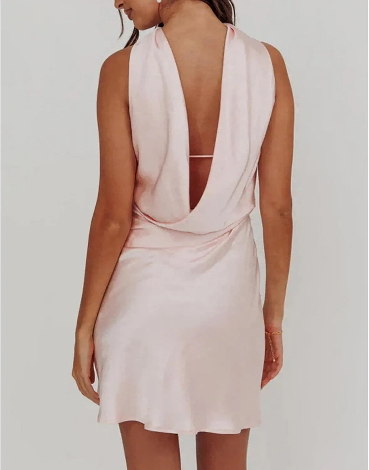 Women Y2k Silk Satin Floral Halter Neck Scarf Mini Dress Sexy Deep V Neck Open Back Cowl Beach Formal Short Dresses