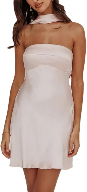 Women Y2k Silk Satin Floral Halter Neck Scarf Mini Dress Sexy Deep V Neck Open Back Cowl Beach Formal Short Dresses