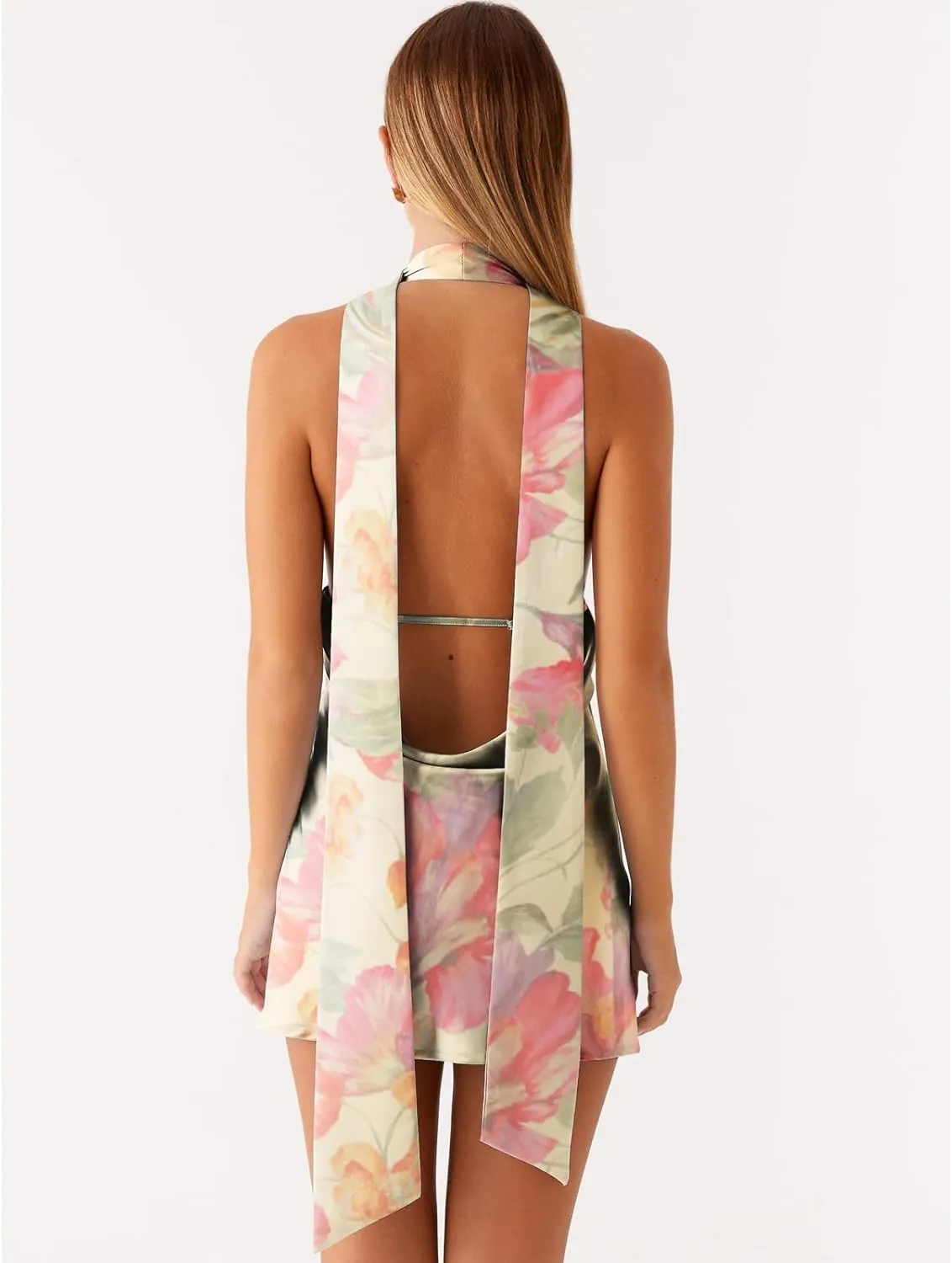 Women Y2k Silk Satin Floral Halter Neck Scarf Mini Dress Sexy Deep V Neck Open Back Cowl Beach Formal Short Dresses
