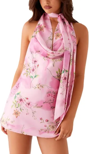 Women Y2k Silk Satin Floral Halter Neck Scarf Mini Dress Sexy Deep V Neck Open Back Cowl Beach Formal Short Dresses