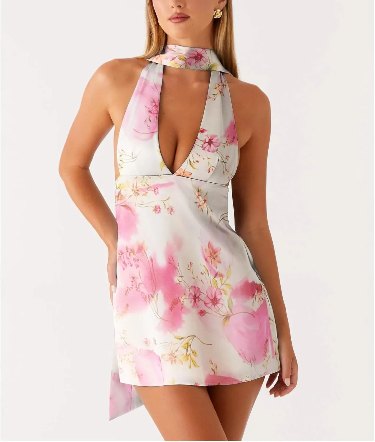 Women Y2k Silk Satin Floral Halter Neck Scarf Mini Dress Sexy Deep V Neck Open Back Cowl Beach Formal Short Dresses